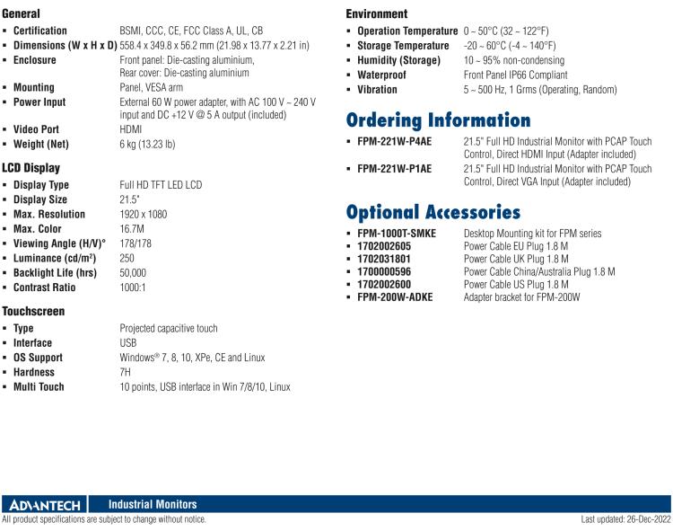 研華FPM-221W 21.5寸Full HD工業(yè)顯示器，支持多點觸控，支持HDMI端口