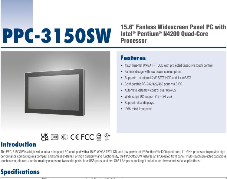 研華PPC-3150SW 15.6" 寬屏無風(fēng)扇工業(yè)平板電腦，搭載 Intel? Pentium? N4200 四核心處理器
