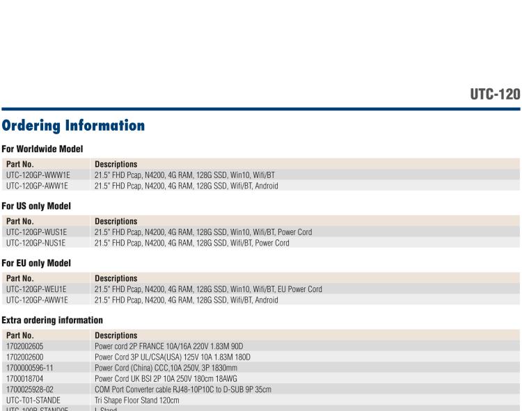 研華UTC-120G 21.5" 多功能觸控一體機(jī)，內(nèi)置 Pentium? N4200
