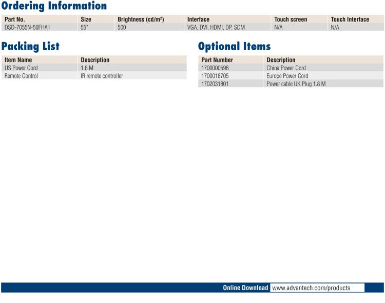 研華DSD-7055 55" 全高清廣告牌顯示器，500尼特亮度，帶SDM插槽