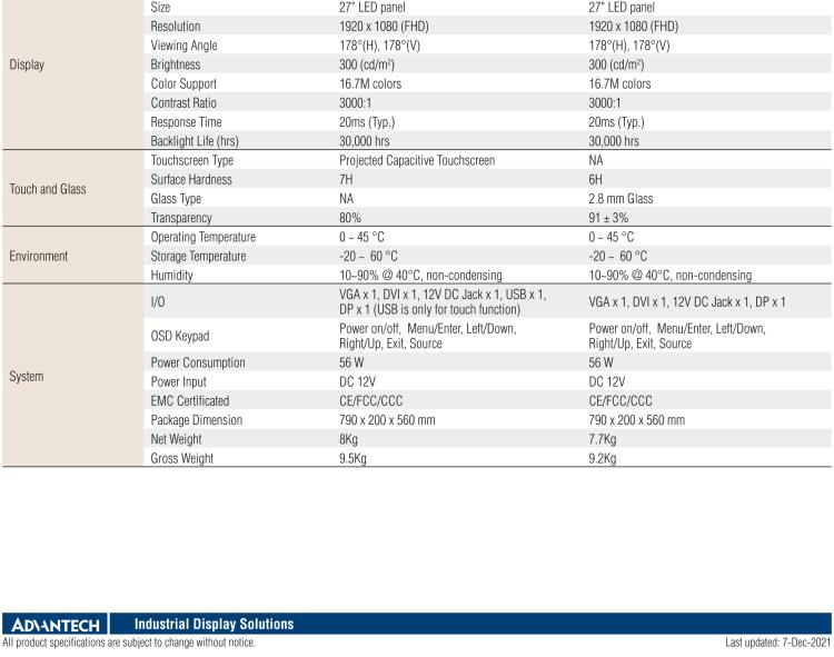 研華IDP31-270W 27" 玻璃面板觸控顯示器，帶環(huán)繞式LED燈帶，全高清分辨率，多輸入源VGA/DVI/DP