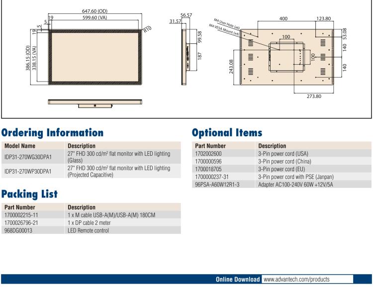 研華IDP31-270W 27" 玻璃面板觸控顯示器，帶環(huán)繞式LED燈帶，全高清分辨率，多輸入源VGA/DVI/DP