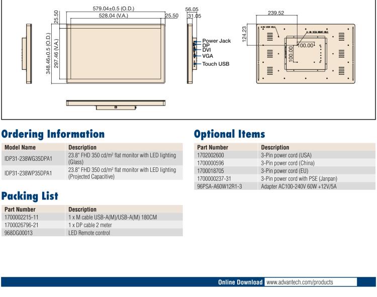 研華IDP31-238W 23.8 " 玻璃面板觸控顯示器，帶環(huán)繞式LED燈帶，全高清分辨率和多個(gè)輸入源VGA/DVI/DP