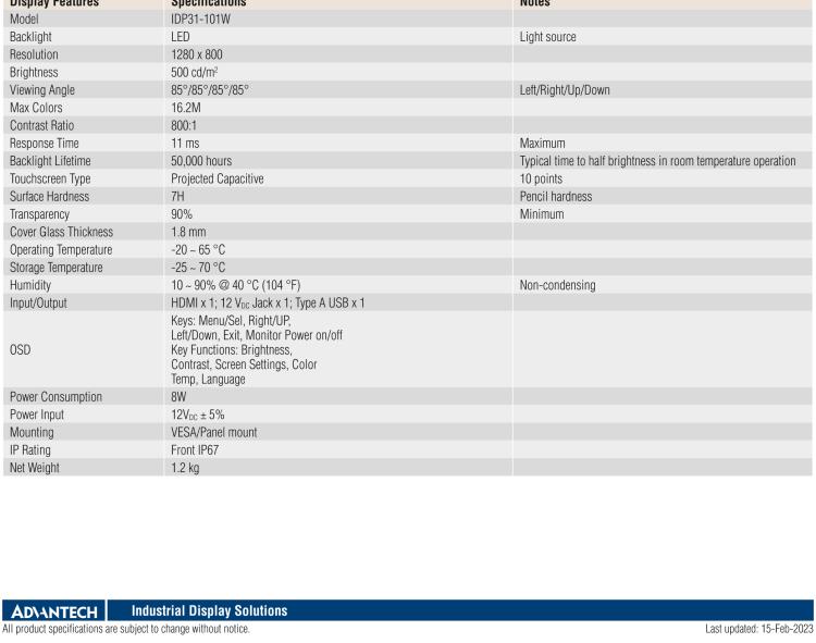 研華IDP31-101W 10.1'' 平面觸摸IP67顯示器：超薄的外形，輕盈光滑的圓角，堅固的玻璃面板，帶來完全現(xiàn)代的外觀。