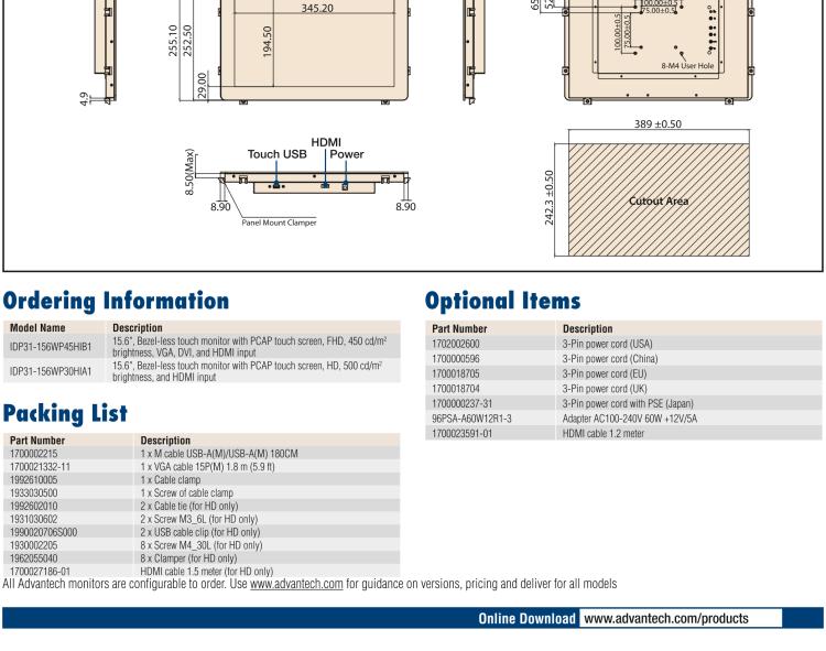 研華IDP31-156W 15.6英寸100％工業(yè)級純平觸摸顯示器。超薄外形，圓滑的光角和堅(jiān)固的玻璃面板，完全具有現(xiàn)代感。