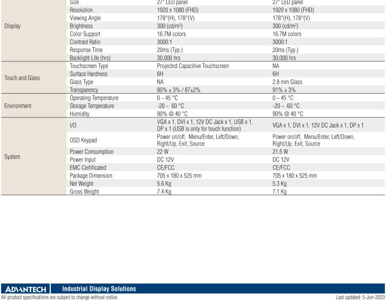 研華IDS-3127W 27 " 全高清1920 x 1080 分辨率，VGA/DVI/DP接口，開放式框架觸摸顯示器