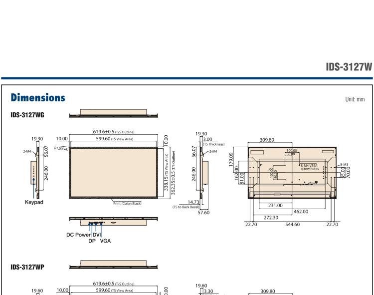 研華IDS-3127W 27 " 全高清1920 x 1080 分辨率，VGA/DVI/DP接口，開放式框架觸摸顯示器