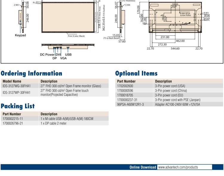 研華IDS-3127W 27 " 全高清1920 x 1080 分辨率，VGA/DVI/DP接口，開放式框架觸摸顯示器