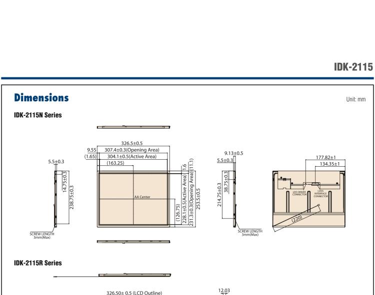 研華IDK-2115 15" SVGA 1200cd/m2 超高亮度工業(yè)顯示套件，帶 LED 背光燈、LVDS 接口