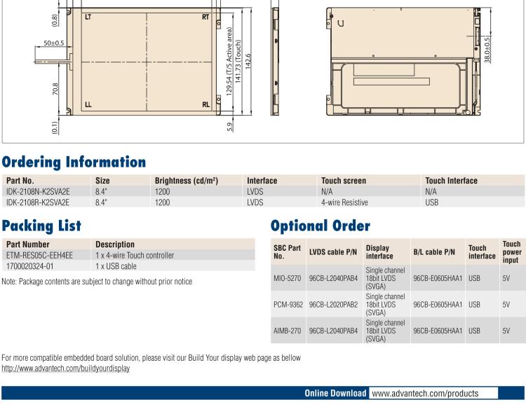 研華IDK-2108 8.4” SVGA 1200cd/m2 超高亮度工業(yè)顯示套件，帶 LED 背光燈、LVDS 接口
