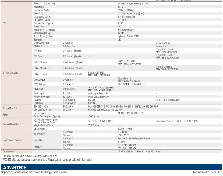 研華PAX-355 55"超高清顯示器，可同時將光學、放射學成像轉(zhuǎn)化為多視圖，用于手術室成像應用，如內(nèi)窺鏡、腹腔鏡和其他成像設備。通過多個I/O和支持14位LUT，DICOM和伽馬校準確保了精確圖像呈現(xiàn)。