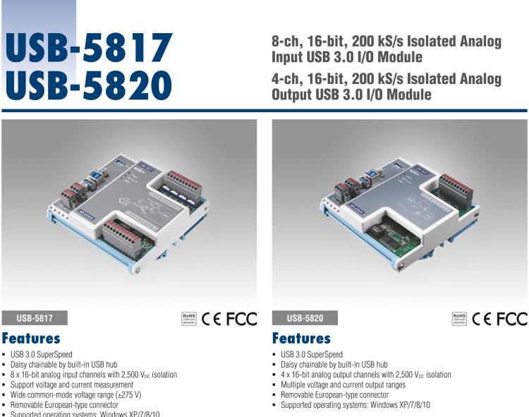 研華USB-5820 4通道，16位，200 kS / s隔離模擬輸出USB 3.0 I/O模塊