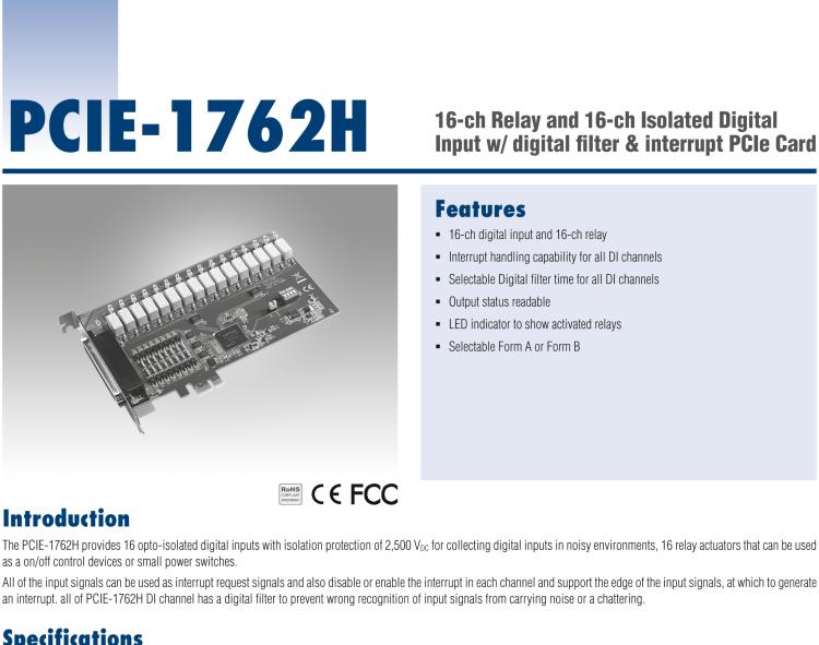 研華PCIE-1762H 16 通道繼電器和 16 通道隔離數(shù)字輸入，帶數(shù)字濾波器和中斷 PCIe 卡