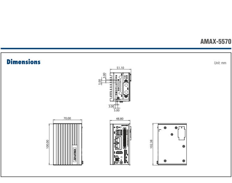 研華AMAX-5570 超微型控制平臺(tái)，采用Intel Atom處理器、64GB eMMC、2 個(gè)以太網(wǎng)口、2 個(gè) USB、2 個(gè) CAN、2 個(gè) COM 和插片 IO 擴(kuò)展