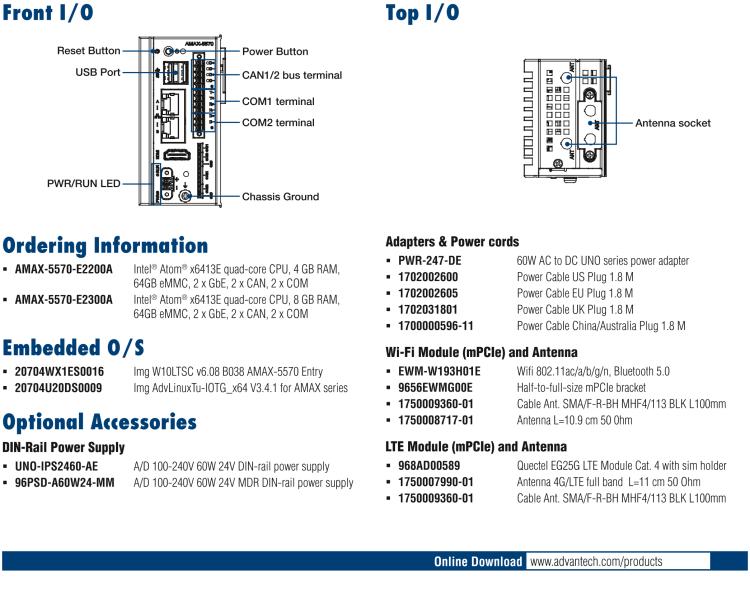 研華AMAX-5570 超微型控制平臺(tái)，采用Intel Atom處理器、64GB eMMC、2 個(gè)以太網(wǎng)口、2 個(gè) USB、2 個(gè) CAN、2 個(gè) COM 和插片 IO 擴(kuò)展