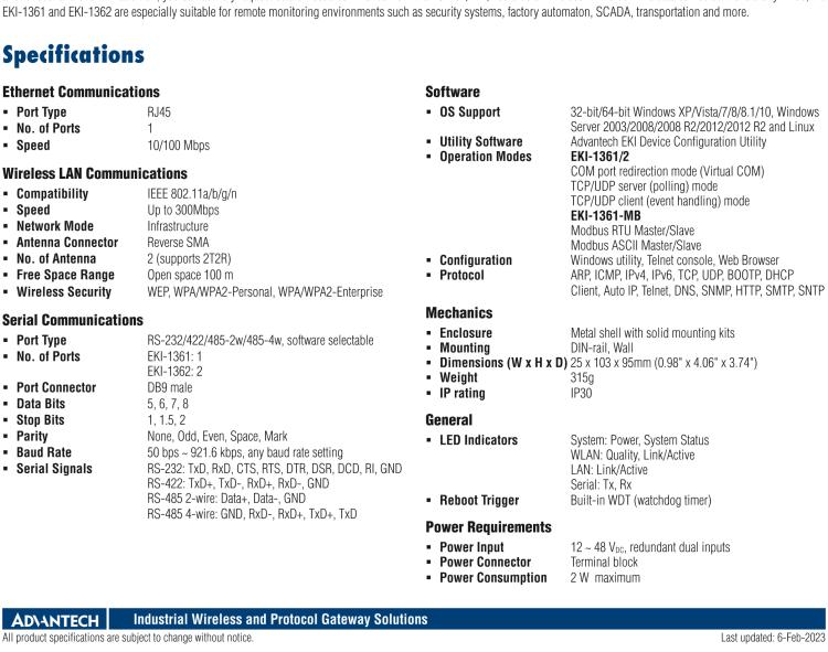 研華EKI-1361 1端口RS-232/422/485轉(zhuǎn)802.11b/g/n 工業(yè)無線串口服務器