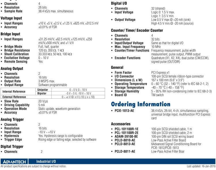 研華PCIE-1813 38.4 kS / s，26位，4通道同時采樣，通用電橋輸入，多功能PCI Express卡