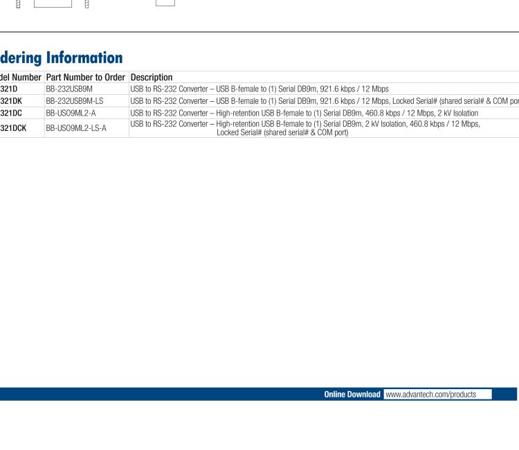 研華BB-232USB9M-LS ULI-321DK USB 2.0到RS-232轉(zhuǎn)換器，DB9公頭 端口號鎖定