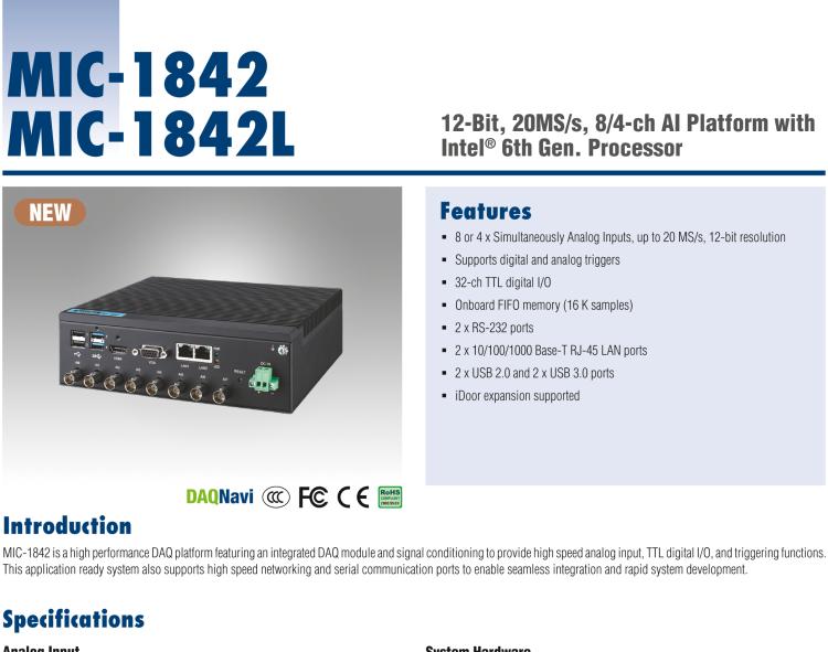 研華MIC-1842 12 位、20MS/s、8/4 通道 AI 平臺(tái)，采用英特爾?酷睿? i5/賽揚(yáng)?處理器