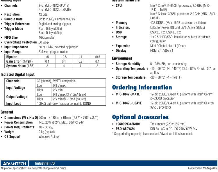 研華MIC-1842 12 位、20MS/s、8/4 通道 AI 平臺(tái)，采用英特爾?酷睿? i5/賽揚(yáng)?處理器