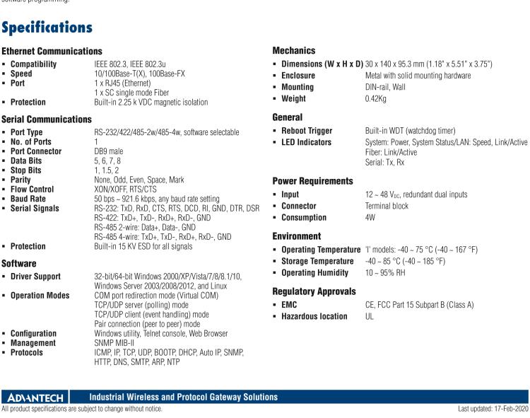 研華EKI-1521I-SC 1-Port Serial Device Server, Fiber, Wide Temperature