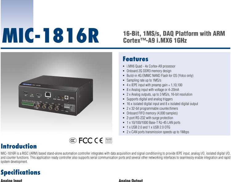 研華MIC-1816R 帶有ARM Cortex?-A9 i.MX6 1GHz的16位，1MS/s DAQ平臺