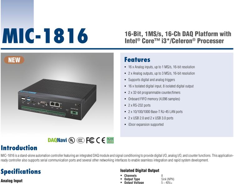 研華MIC-1816 具有Core?i3 /Celeron?處理器的16位，1 MS / s，16通道DAQ平臺