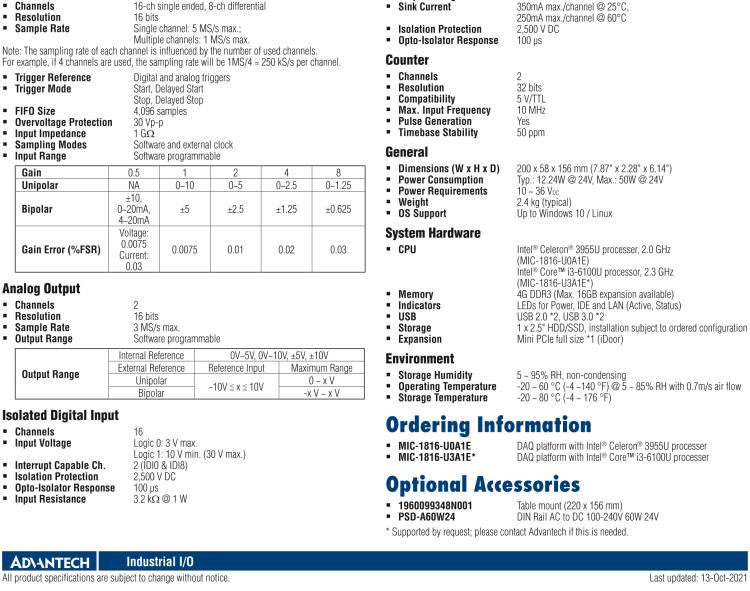 研華MIC-1816 具有Core?i3 /Celeron?處理器的16位，1 MS / s，16通道DAQ平臺