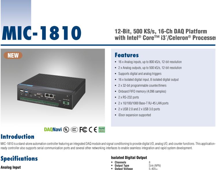 研華MIC-1810 帶有Core?i3 /Celeron?處理器的12位，500 KS / s，16通道DAQ平臺
