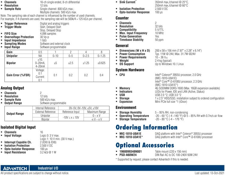 研華MIC-1810 帶有Core?i3 /Celeron?處理器的12位，500 KS / s，16通道DAQ平臺