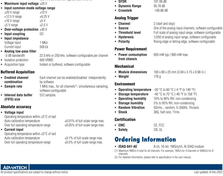 研華iDAQ-841 8通道同步采樣高達1 MS / s，16位分辨率模擬輸入 iDAQ 模塊