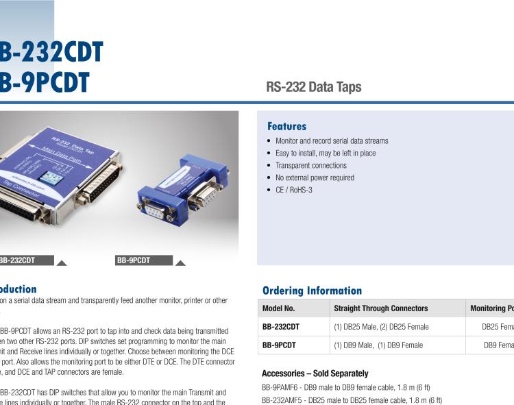 研華BB-232CDT 串口數(shù)據(jù)監(jiān)聽器，RS-232，DB25 公頭至DB25 母頭加DB25 母頭監(jiān)視器