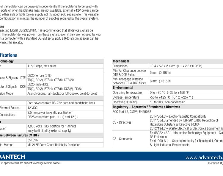 研華BB-232SPHI4 串口中繼器，RS-232 DB25，4 kV隔離，端口供電