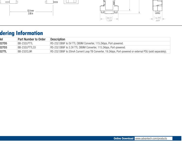 研華BB-232LPTTL33 ULI-227D3 RS-232（DB9母頭）至3.3V TTL（DB9公頭）轉(zhuǎn)換器，端口供電