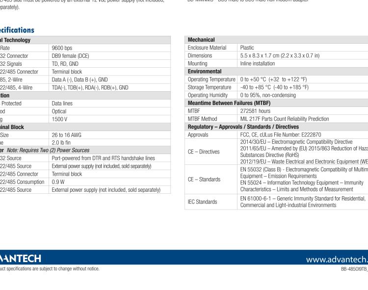 研華BB-485OI9TB 串口轉(zhuǎn)換器，RS-233 DB9母頭至RS-422/485 TB