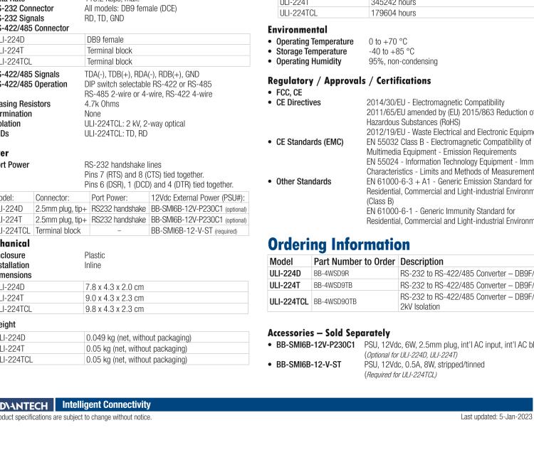 研華BB-4WSD9R ULI-224D RS-232至RS-422/485（2線/4線）轉(zhuǎn)換器，DB9母頭