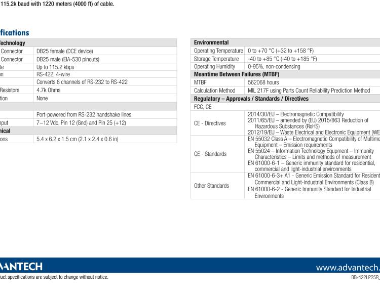 研華BB-422LP25R 串口轉(zhuǎn)換器，RS-232 DB-25 F至RS-422 DB25 M，端口供電