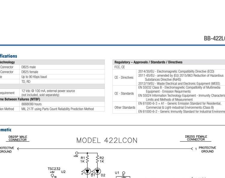研華BB-422LCON 串口轉(zhuǎn)換器，RS-232 DB-25 M至RS-422 DB25 F