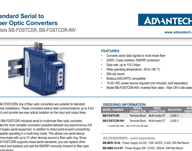 研華BB-FOSTCDR-INV 串口轉(zhuǎn)換器，RS-232/422/485 TB至MM光纖ST（反向），工業(yè)DIN