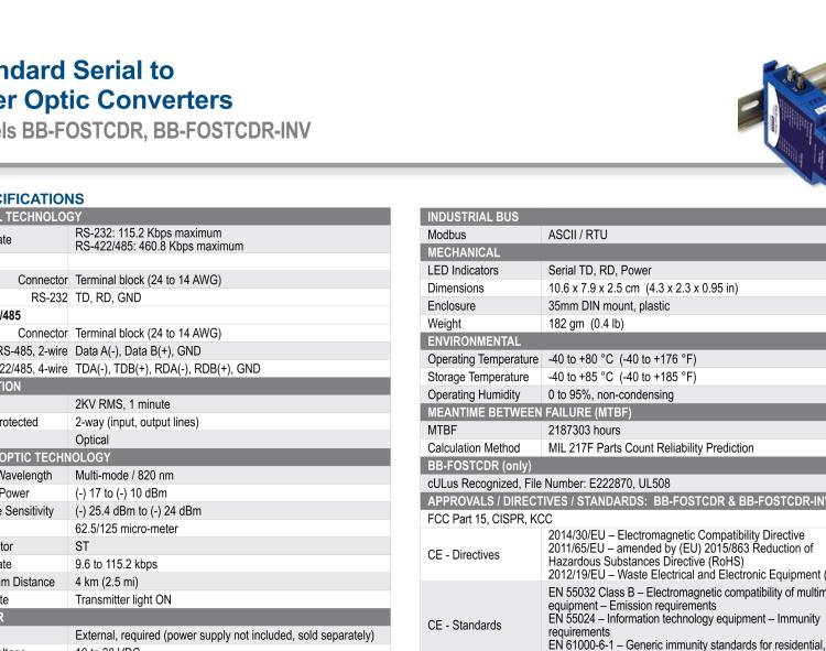 研華BB-FOSTCDR-INV 串口轉(zhuǎn)換器，RS-232/422/485 TB至MM光纖ST（反向），工業(yè)DIN