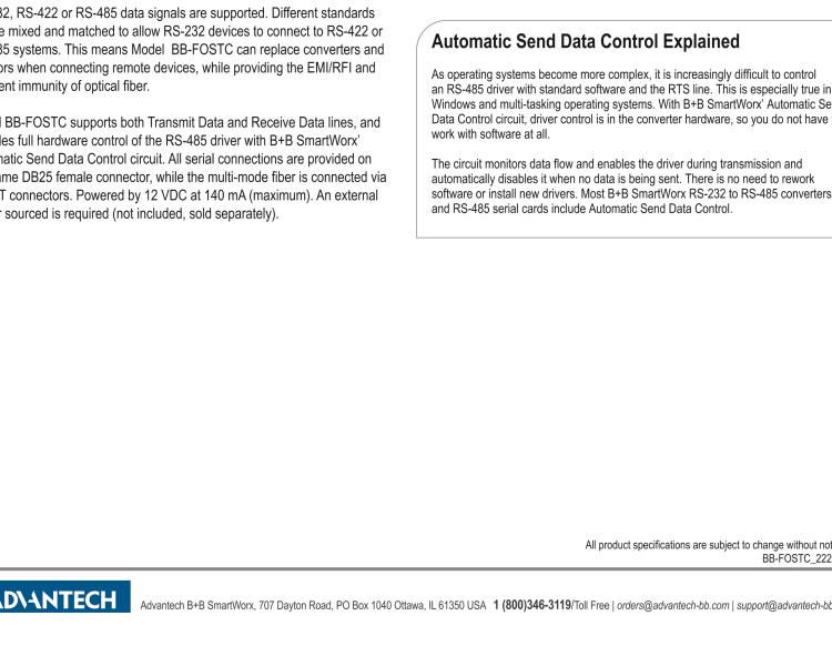 研華BB-FOSTC 串口轉(zhuǎn)換器，RS-232調(diào)制解調(diào)器DB25 F到MM光纖ST