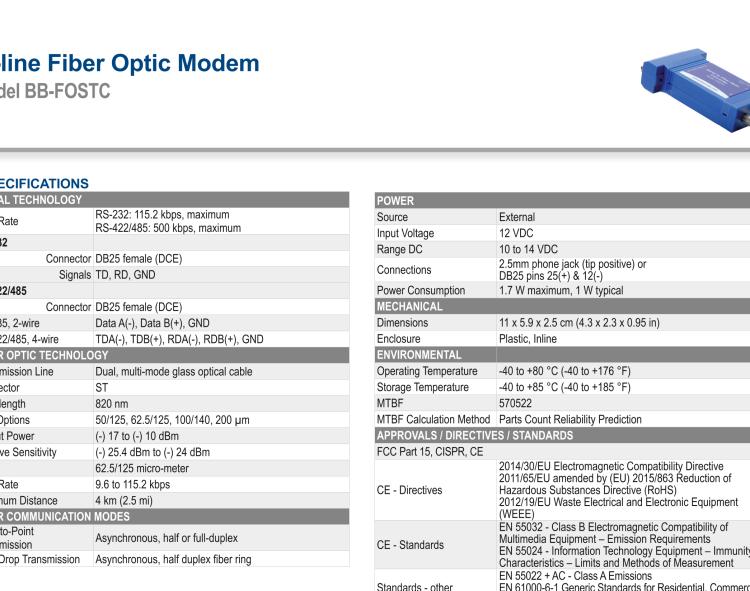 研華BB-FOSTC 串口轉(zhuǎn)換器，RS-232調(diào)制解調(diào)器DB25 F到MM光纖ST