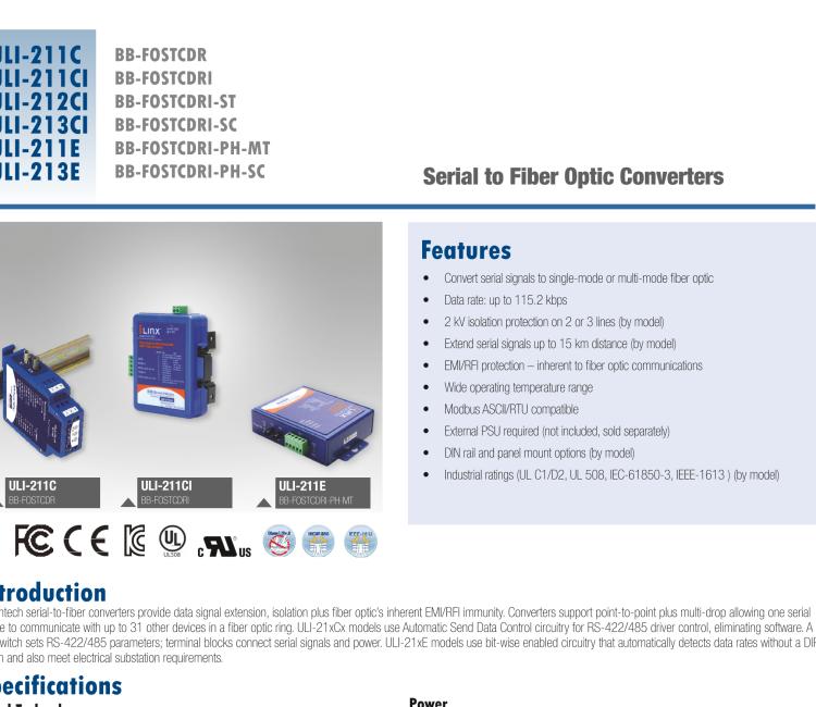 研華BB-FOSTCDRI-SC ULI-213CI 三重隔離RS-232/422/485（接線端子）至單模光纖轉(zhuǎn)換器（SC連接器）DIN導(dǎo)軌安裝